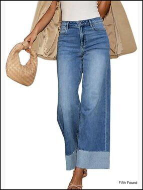 High Waisted Wide Leg Jeans Frayed Raw Hem Boyfriend Cuffed Stretch